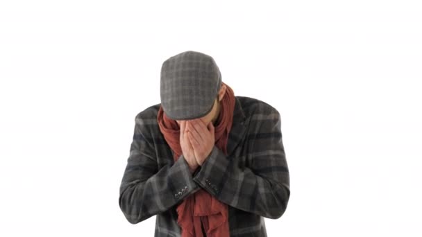 Stylish gentleman walking and coughing on white background. — Stock Video