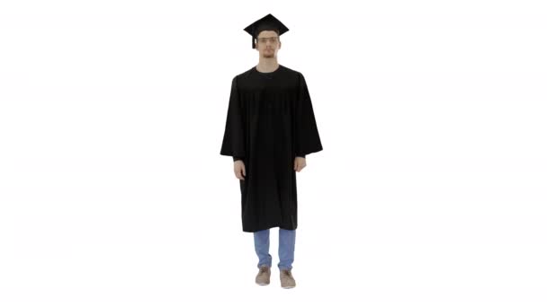 Młody absolwent kaszel, cierpiący na chorobę na białym tle. — Wideo stockowe