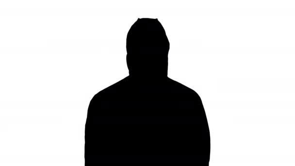 Silhouette Man en traje protector, una máscara y un respirador. Pulgares arriba . — Vídeos de Stock
