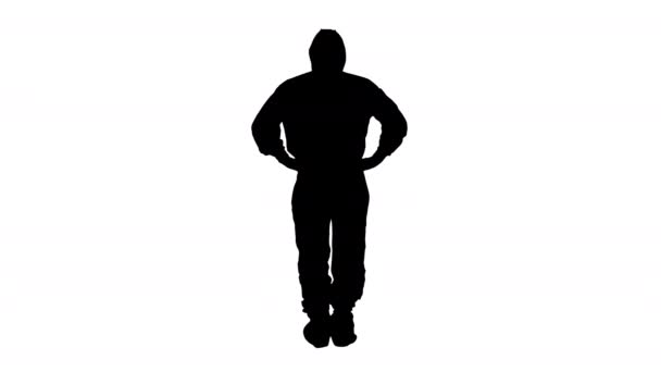 Silhouette Man in einem weißen Dekontaminationsanzug, der die Hand auf den Kopf legt. Schlechte Situation. — Stockvideo