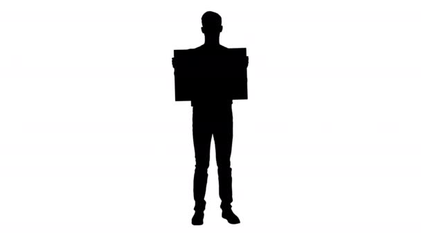 Silhouette Student in medical mask holding blank placard. — Stock Video