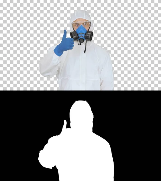 防護服の男マスクマスクとマスク親指を立てるアルファチャンネル — ストック写真
