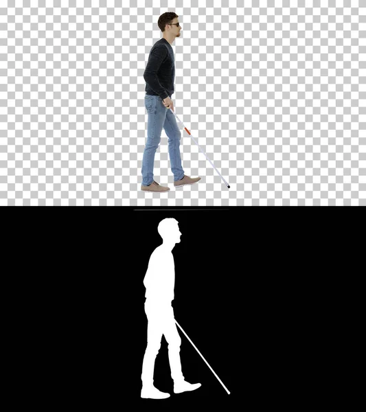 Slepý mladý muž s holí chůze, Alpha Channel — Stock fotografie