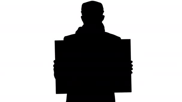 Silhouette Man w modnym stroju i masce medycznej z pustym tabliczką. — Wideo stockowe