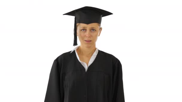 Blonde graduate student standing and coughing on white background. — Stock Video