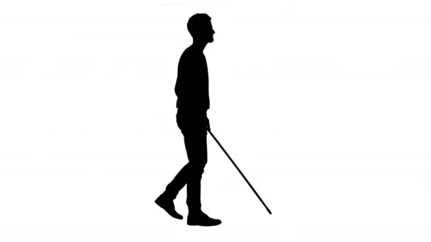 Silhouette Joven ciego con un bastón caminando . — Vídeo de stock