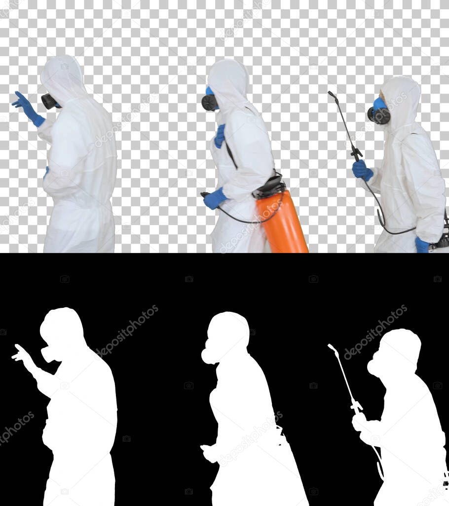 Anti coronavirus disinfection Team of virologists in hazmat suits making plan of disinfection, Alpha Channel