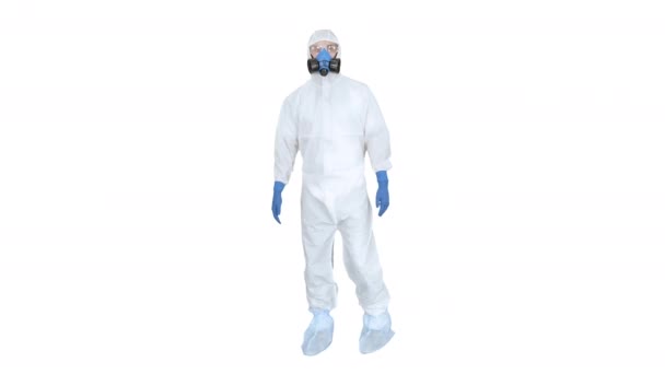 Virologist Man in Protective Costume checking the situation on white background. — Stock Video