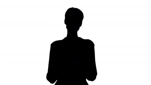 Silhouette Businesswoman isolated swiping the tablet presenting something. — Stock Video