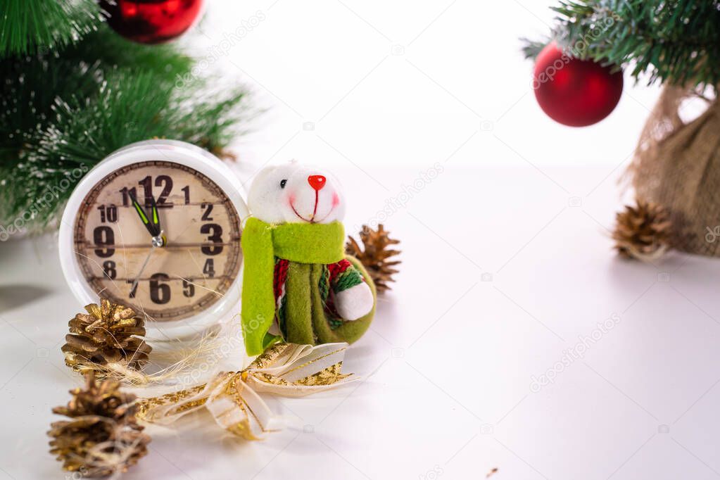 Happy new year 2020. Christmas composition with artificial rat, symbol of the year. Toy Rat near a Christmas tree, gift boxes and watches.