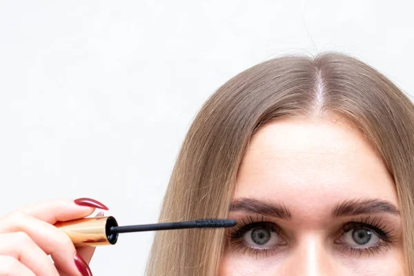 Female eyes with mascara brush. Female eyes with long eyelashes and a mascara brush. — Stock Photo, Image