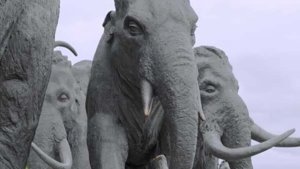 Khanty-Mansiysk, KhMAO, Russia - 08.25.2019: Cultural and tourist complex Samarovsky outlier. Archeopark. landmark of the city of Khanty-Mansiysk. herd of mammoths — Stock Video