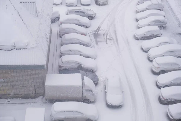 Парковка под снегом. Вид из окна — стоковое фото