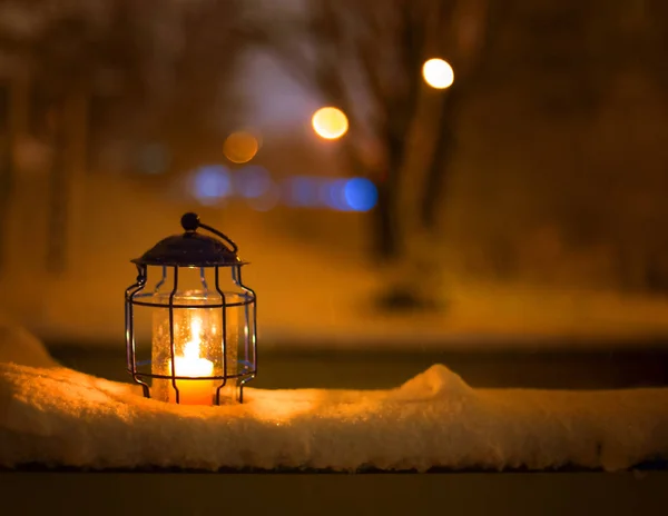 Art Christmas lantern with snowfall — Stock Photo, Image