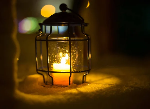 Art Christmas lantern with snowfall — Stock Photo, Image