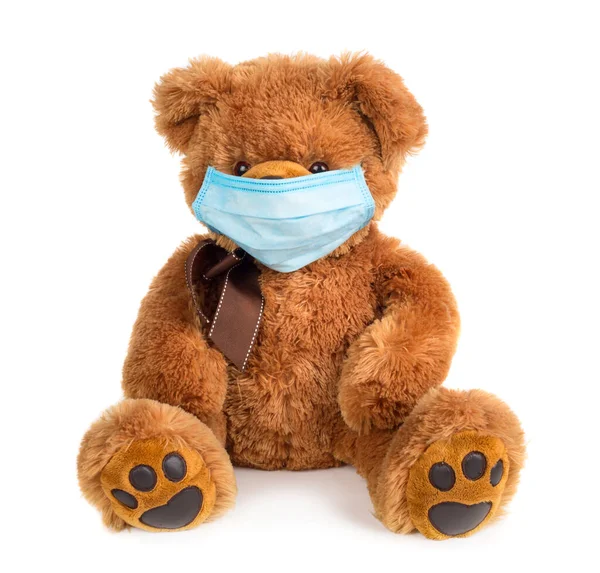 Teddy Björn Med Medicinsk Mask Isolerad Vit Bakgrund — Stockfoto