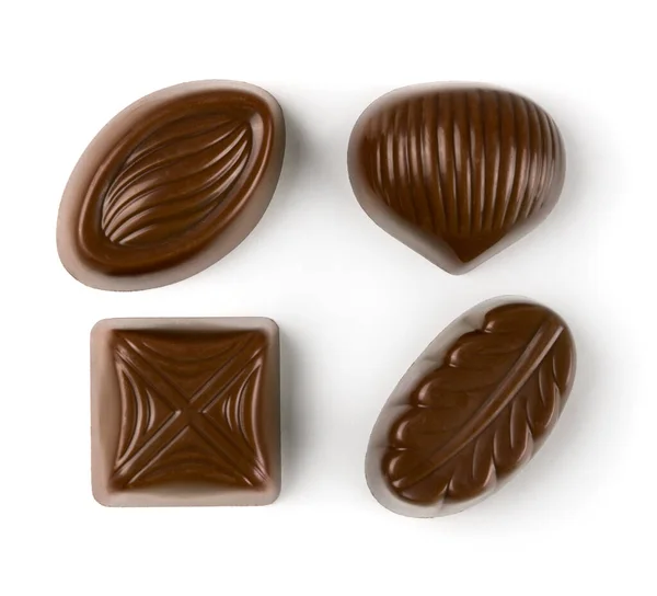 Vista Superior Várias Pralinas Chocolate Isoladas Fundo Branco — Fotografia de Stock