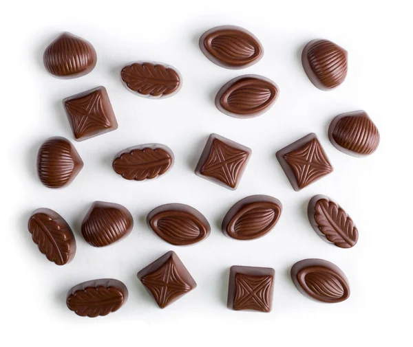 Top View Various Chocolate Pralines Isolated White Background — Stock Photo, Image