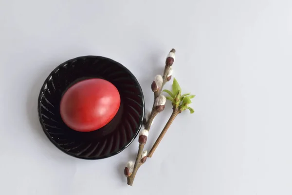 Húsvéti színű tojás és fűzfa ágak egy fehér asztalon. — Stock Fotó