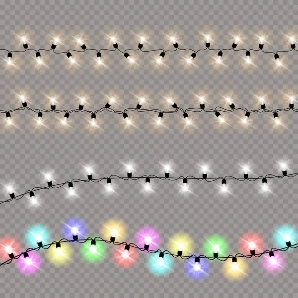 Set Luci Natale Isolati Elementi Design Realistici Luci Luminose Natale — Vettoriale Stock