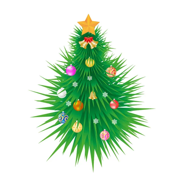 Árbol Navidad Está Decorado Con Bolas Colores Una Estrella Dorada — Vector de stock