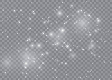 Işık efekti yıldızları. Şeffaf arkaplanda vektör ışıltısı. Noel soyut kalıbı. Parıldayan sihirli toz parçacıkları. 