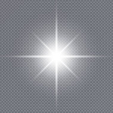 Parlak ışık efekti. Şeffaf beyaz parlayan ışık patlaması. Güneş. Vektör illüstrasyonu.