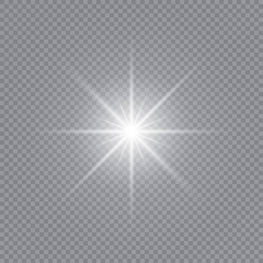 Parlak ışık efekti. Şeffaf beyaz parlayan ışık patlaması. Güneş. Vektör illüstrasyonu.