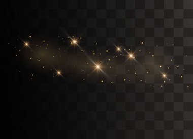 Peri tozunun parıldayan parçacıkları. Kıvılcımlar özel ışık efekti. Siyah arkaplanda vektör parıldıyor.