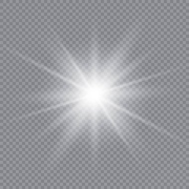 Parlak ışık efekti. Şeffaf beyaz parlayan ışık patlaması. Güneş. Vektör illüstrasyonu.