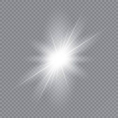 Parlak ışık efekti. Şeffaf beyaz parlayan ışık patlaması. Güneş. Vektör illüstrasyonu.