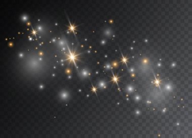 Işık efekti yıldızları. Şeffaf arkaplanda vektör ışıltısı. Noel soyut kalıbı. Parıldayan sihirli toz parçacıkları. 