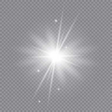 Parlak ışık efekti. Şeffaf beyaz parlayan ışık patlaması. Güneş. Vektör illüstrasyonu.