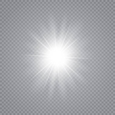 Parlak ışık efekti. Şeffaf beyaz parlayan ışık patlaması. Güneş. Vektör illüstrasyonu.