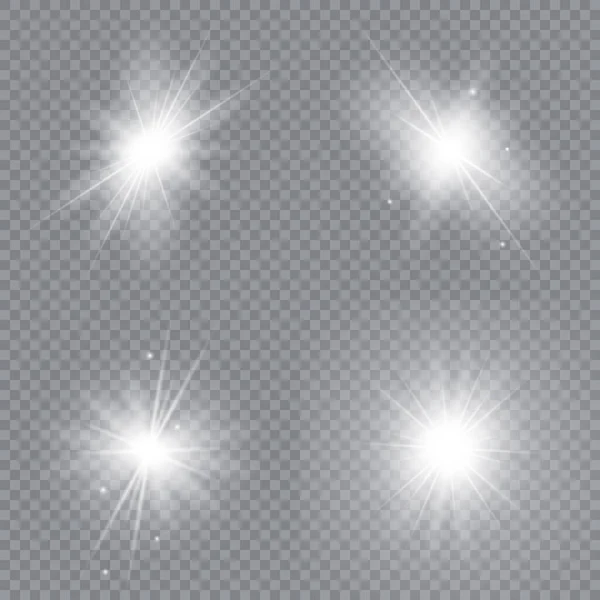 Σετ Από Λαμπερά Αστέρια Λαμπερό Φως Εκρήγνυται Ένα Διαφανές Φόντο — Διανυσματικό Αρχείο