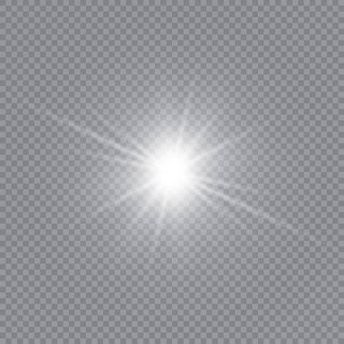 Parlak ışık efekti. Şeffaf beyaz parlayan ışık patlaması. Güneş. Vektör illüstrasyonu.