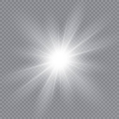 Parlak ışık efekti. Şeffaf beyaz parlayan ışık patlaması. Güneş. Vektör illüstrasyonu.