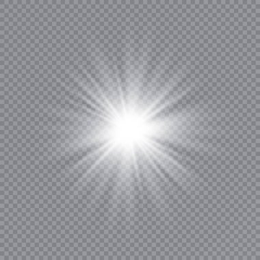 Parlak ışık efekti. Şeffaf beyaz parlayan ışık patlaması. Güneş. Vektör illüstrasyonu.