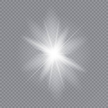 Parlak ışık efekti. Şeffaf beyaz parlayan ışık patlaması. Güneş. Vektör illüstrasyonu.