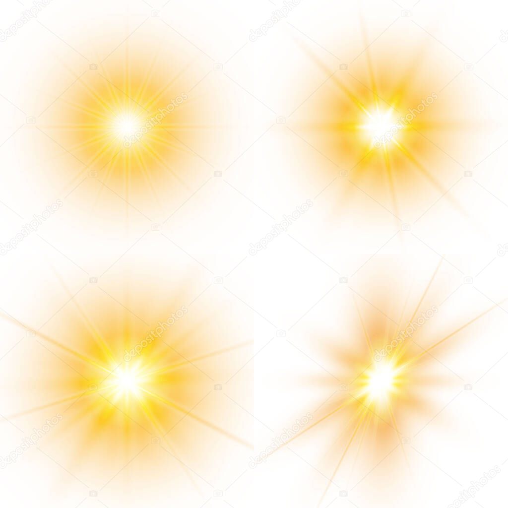 Set of bright stars. Sunlight translucent special design light effect. Vector illustration.