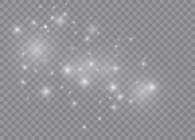 Işık efekti yıldızları. Şeffaf arkaplanda vektör ışıltısı. Noel soyut kalıbı. Parıldayan sihirli toz parçacıkları.
