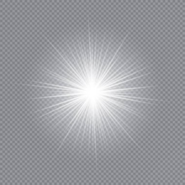 Parlak ışık efekti. Şeffaf beyaz parlayan ışık patlaması. Güneş. Vektör illüstrasyonu.