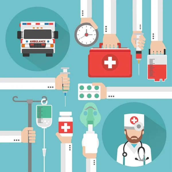 Diseño plano de atención médica con ambulancia y médico — Archivo Imágenes Vectoriales