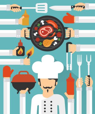 Mangal ve ızgara konsept tasarım düz ayarlamak yemek