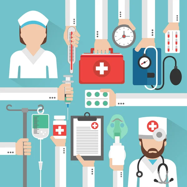 医師や看護師とヘルスケアのフラット デザイン カード — ストックベクタ