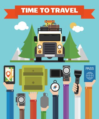 Zaman totravel modern düz arka plan ile jeep .