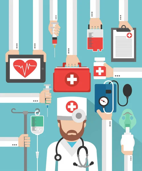 Cartão de design plano médico com médico —  Vetores de Stock