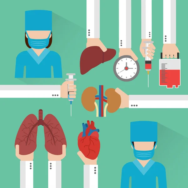 Transplantation menschlicher Organe flach mit Chirurg — Stockvektor