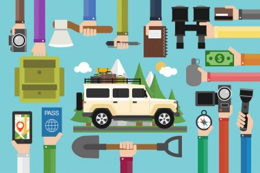 Kamp seyahat konsept tasarımı jeep ile düz