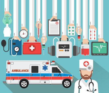 Doktor ve ambulans ile düz tıbbi konsept tasarımı